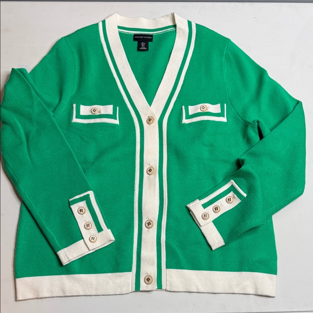 Adrienne Vittadini Green and White Cardigan with Button Details